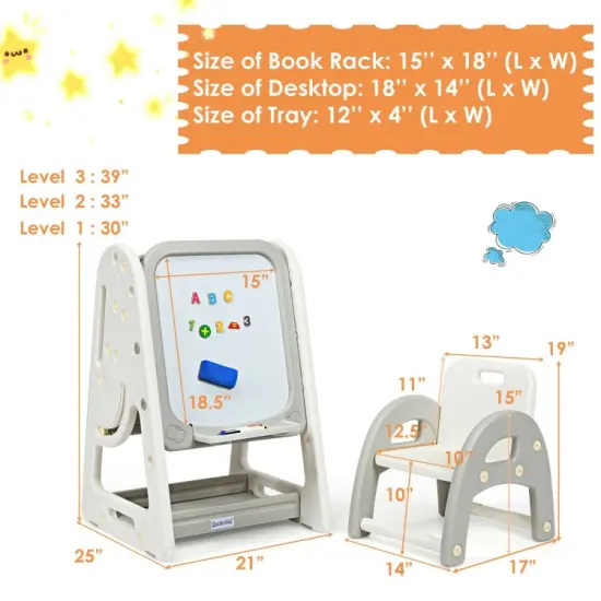 2-in-1 Kids Easel Desk Chair Set Book Rack Adjustable Art Painting Board Gray {4}