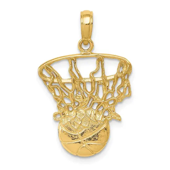 14K Gold Swoosh Basketball & Hoop Charm Sports Pendant {1}