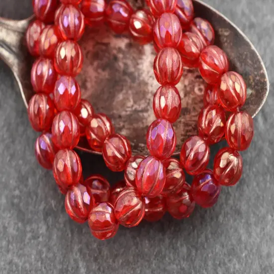 *20* 8mm Copper Washed Pink Lustered Ruby Red Faceted Round Melon Beads {5}