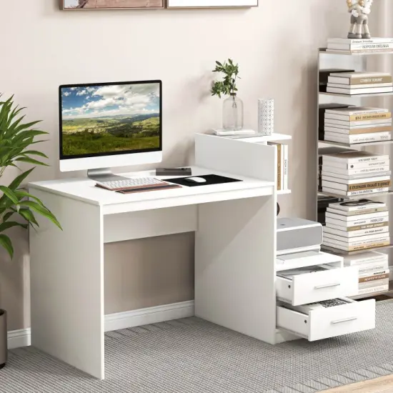 White Computer Desk with Drawers and Bookshelf 51" Home Office Writing Table with Storage {3}