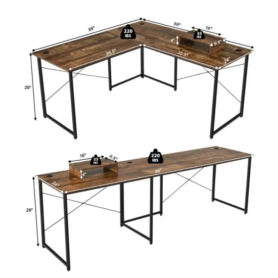 2-Person L-Shaped Long Reversible Computer Desk with Monitor Stand and Steel Frame Rustic Brown {6}