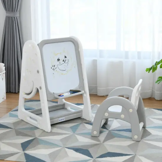 2-in-1 Kids Easel Desk Chair Set Book Rack Adjustable Art Painting Board Gray {5}
