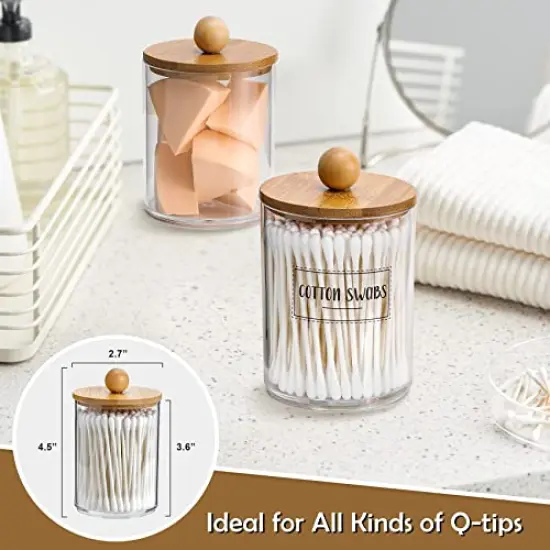 4 Pack Qtip Holder Dispenser with Bamboo Lids - 10 oz Clear Plastic Apothecary Jar Containers for Vanity Makeup Organizer Storage - Bathroom Accessories Set for Cotton Swab, Ball, Pads, Floss {5}
