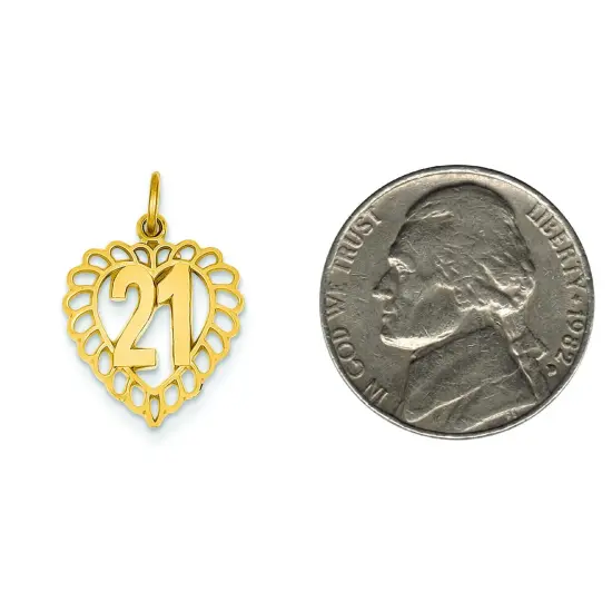 14K Yellow Gold 21 Heart Charm Birthday Pendant Jewelry 22mm x 15mm {2}