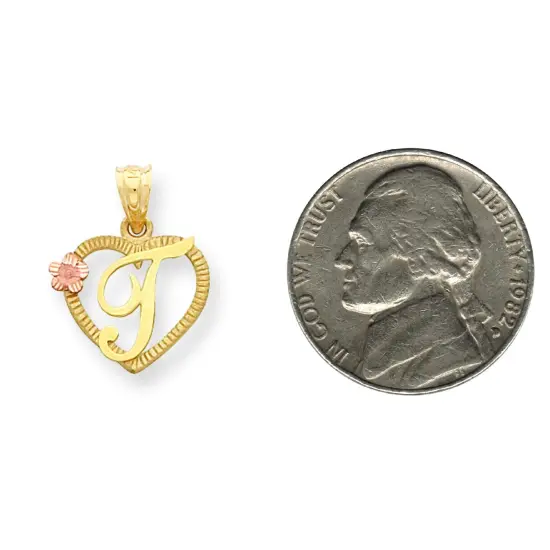 14K Two Tone Gold Initial Letter T Heart Charm Jewelry 22mm x 16mm {2}