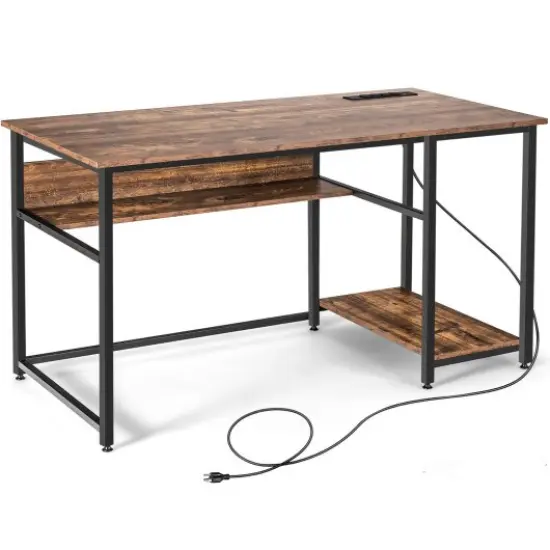 55 Inch Computer Desk with Power Outlets and USB Ports for Home and Office Black {7}