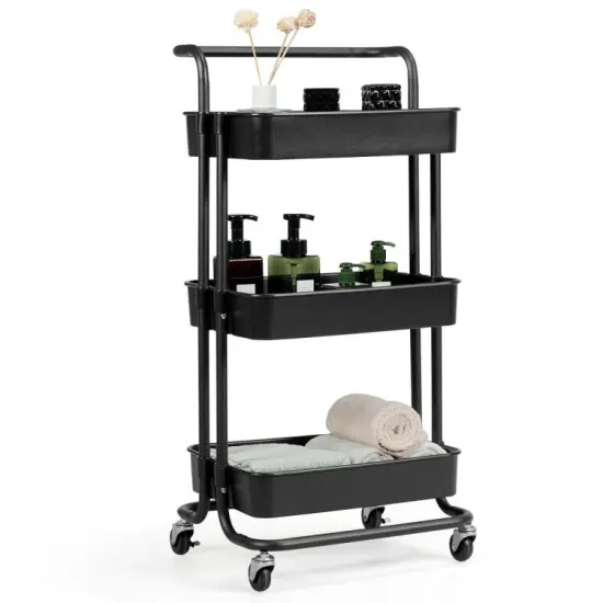 3-Tier Multi-Purpose Vertical Utility Cart with Smooth Casters Ample Storage and Drainage Design Black {4}