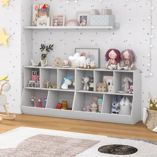 5-Cube Wooden Kids Bookshelf Organizer with 3 Upper Cubes for Books and 2 Large Cubes for Toys White {3}