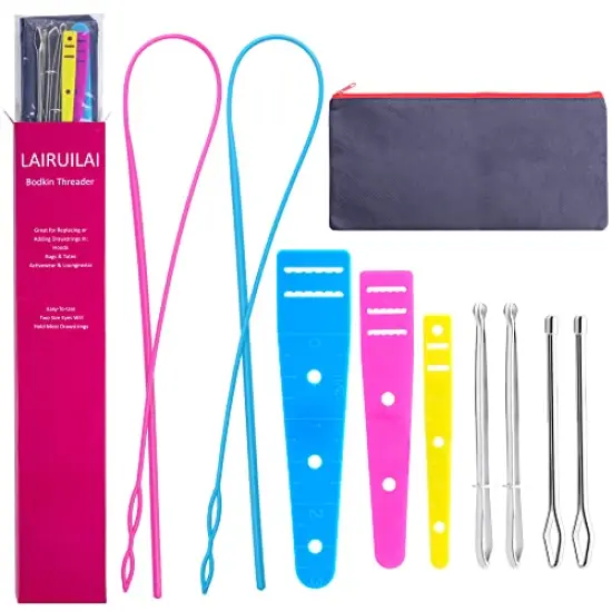 10 Pieces Bodkin Threader Drawstring Threader Set, Including 2 Flexible Plastic Drawstring Threader, 2 Stainless Steel Sewing Loop Turner Hook, 2 Metal Tweezers, 1 Bag, 3 Flat Plastic Threader {1}