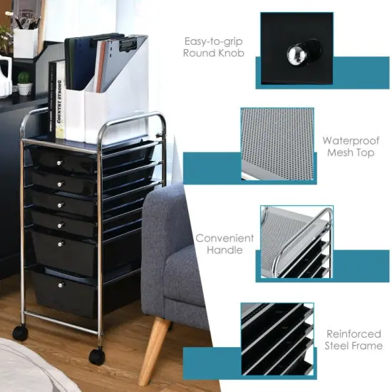 Multi-functional 6 Drawers Rolling Storage Cart Organizer with Four Movable Casters Black {5}