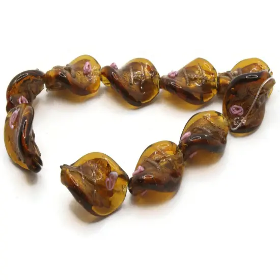 10 20mm Brown with Pink and Green Flower Lampwork Glass Flat Oval Twist Beads {3}