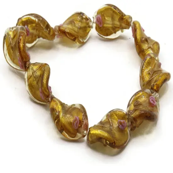 10 20mm Golden Yellow with Pink and Green Flower Lampwork Glass Flat Oval Twist Beads {1}