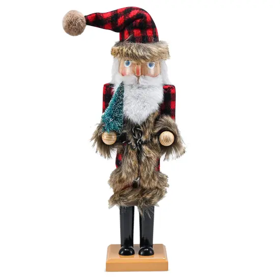 Ornativity Christmas Nostalgic Santa Nutcracker – Red and Black Wooden Nutcracker Man with Buffalo Plaid Coat with Brown Fur Holding a Xmas Tree Themed Holiday Nut Cracker Doll Figure Decorations {1}