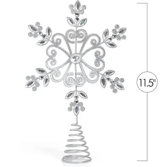 Ornativity Flower Snowflake Tree Topper – Silver Glitter Intricate Designed Floral Snowflake Shaped Ornament with Sparkling Gem Detailed Christmas Star Tree Top Decorations {5}