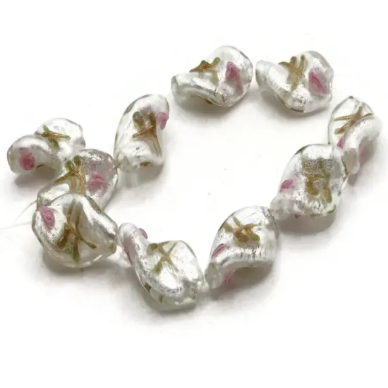 10 20mm White with Pink and Green Flower Lampwork Glass Flat Oval Twist Beads {1}