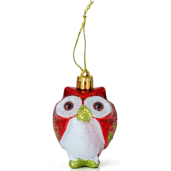 Ornativity Glitter Christmas Owl Ornaments - Snowy Glitter White and Red Animal Owls Christmas Tree Ornament Decorations - 4 Birds {2}