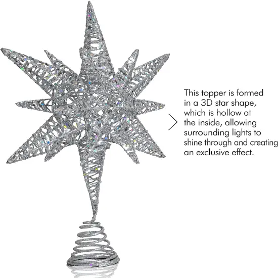 Ornativity Silver Star Tree Topper – Christmas Silver 3D Glitter Star Ornament Treetop Decoration {2}