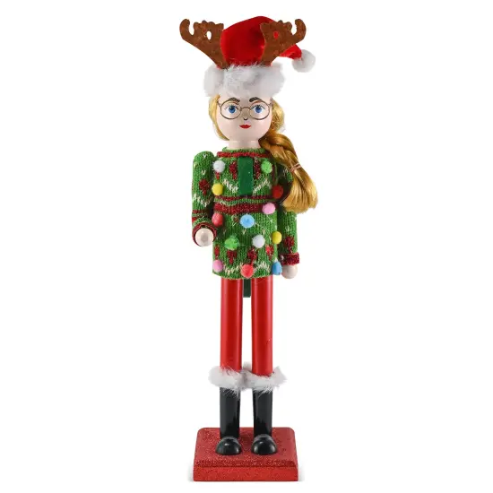 Ornativity Christmas Ugly Sweater Nutcracker &ndash; Red and Green Wooden Nutcracker Woman with an Ugly Sweater and Reindeer Hat Xmas Themed Holiday Nut Cracker Doll Figure Decorations {1}