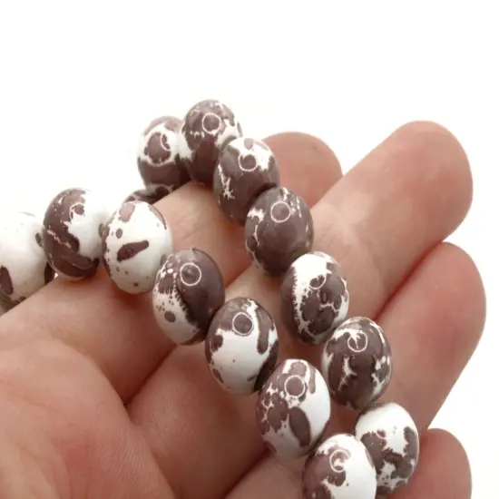 40 10mm Brown and White Splatter Paint Smooth Round Glass Beads {2}