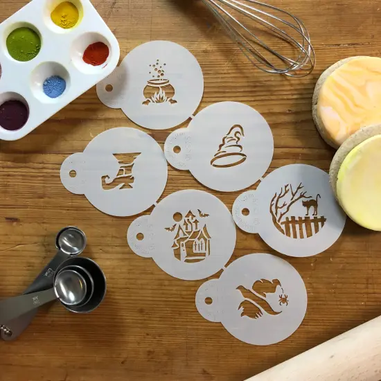 Halloween Cookie Stencil Set: Witch Shoe, Hat, Cauldron, Cat on Fence, Haunted House, Witch's Head | C575 by Designer Stencils | {3}