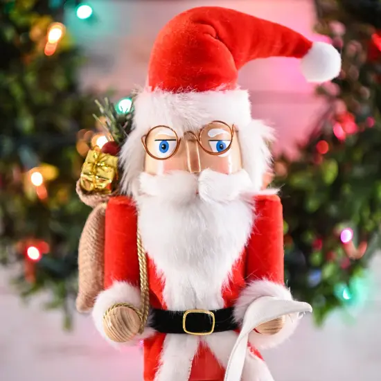 Ornativity Christmas Gift Santa Nutcracker &ndash; Red and White Wooden Nutcracker Santa Man in Traditional Santa Attire with a Bag of Gold Wrapped Gifts Over His Shoulder and a List of Names in Hand {4}