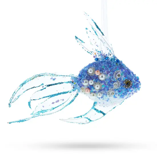 Beaded Blue Coral Reef Fish Glass Christmas Ornament {3}