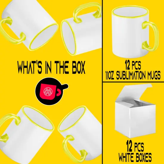12 Pcs 11OZ Yellow Rim & Handle Sublimation Mugs With Individual White Boxes {3}