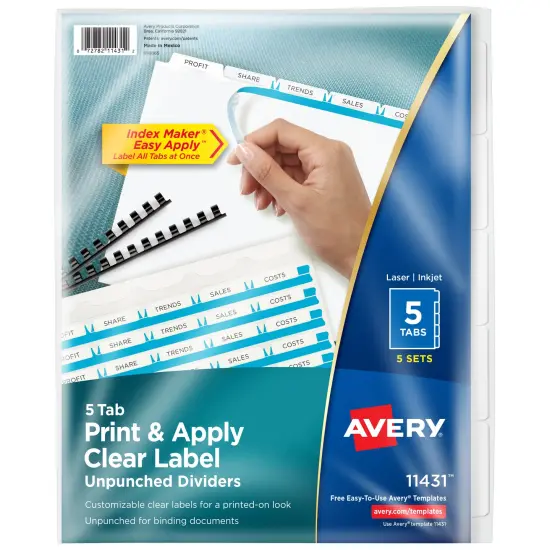Avery 5 Tab Unpunched Dividers for Use with Any Binding System, Easy Print & Apply Clear Label Strip, Index Maker Customizable White Tabs, 5 Sets (11431) {1}