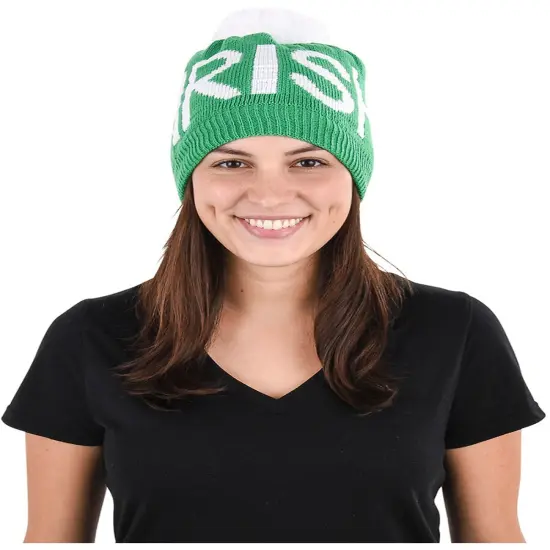 Saint Patrick's Day Green Irish Pride White Pom Pom Beanie Hat Accessory {1}