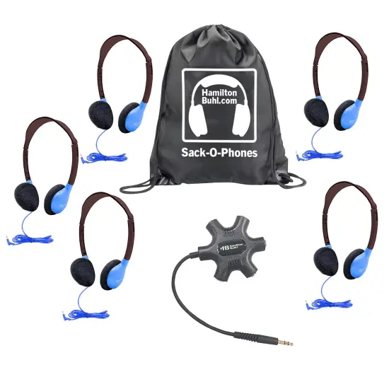 Galaxy&trade; Econo-Line of Sack-O-Phones with 5 Blue Personal-Sized Headphones, Starfish Jackbox and Carry Bag {1}