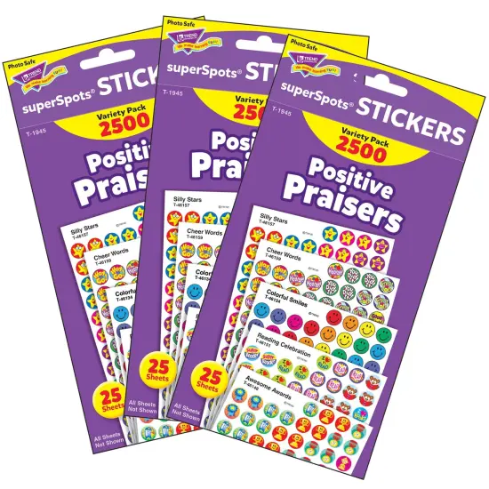 Positive Praisers superSpots&reg; Stickers Variety Pack, 2500 Per Pack, 3 Packs {1}