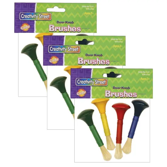 Beginner Paint Brushes, Door Knob Handles, 4 Assorted Colors, 5" Long, 4 Brushes Per Pack, 3 Packs {1}