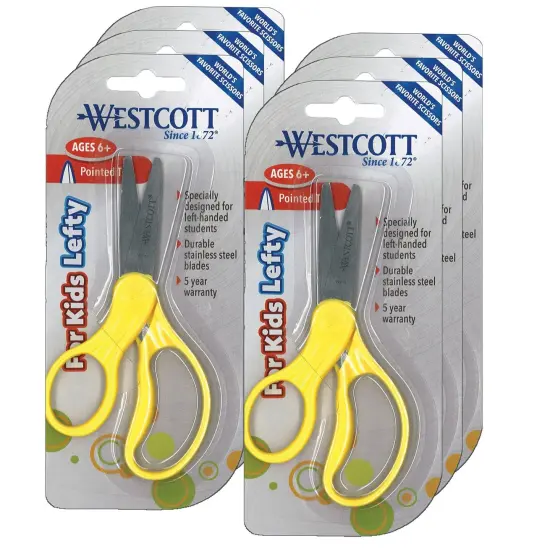 School Left-Handed Kids Scissors, Assorted Colors, 5" Pointed, Pack of 6 {1}