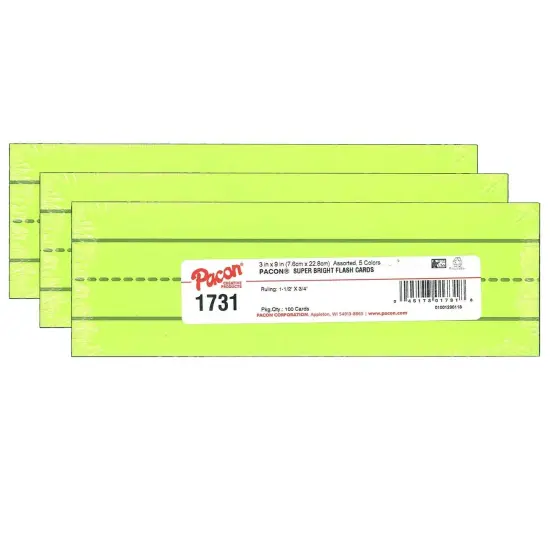 Super Bright Flash Cards, 5 Assorted Colors, 1.5" x 0.75" Ruled 3" x 9", 100 Cards Per Pack, 3 Packs {1}