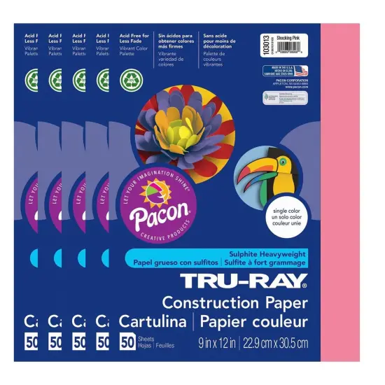 Construction Paper, Shocking Pink, 9" x 12", 50 Sheets Per Pack, 5 Packs {1}