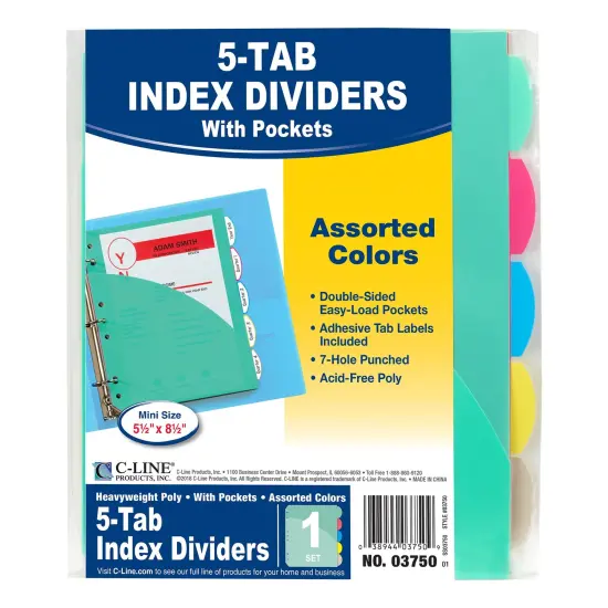 Mini Size 5-Tab Poly Index Dividers, Assorted Colors with Slant Pockets, 12 Sets {3}