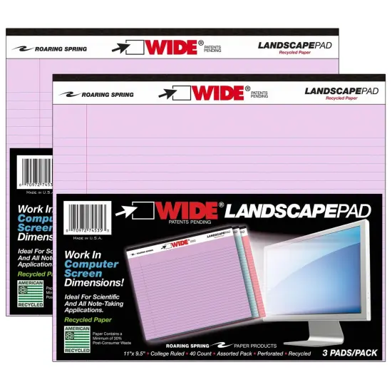 Legal Pad, Landscape, Orchid/Blue/Pink, 3 Per Pack, 2 Packs {1}