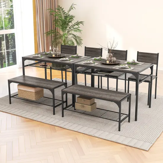 Wood Industrial Rectangular Dining Table with Bench and Metal Chairs Grey {6}