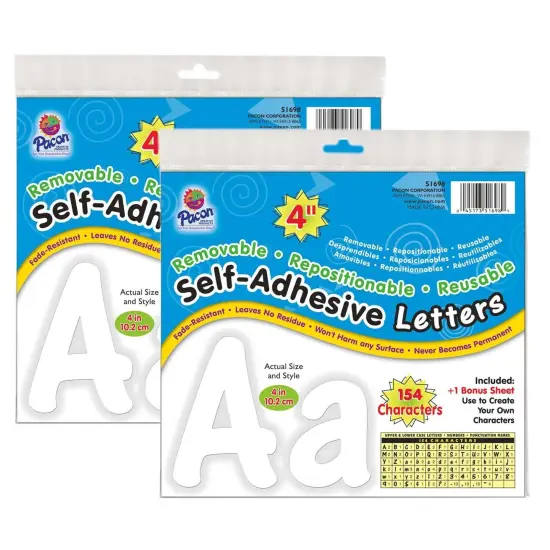 Self-Adhesive Letters, White, Cheery Font, 4", 154 Per Pack, 2 Packs {1}