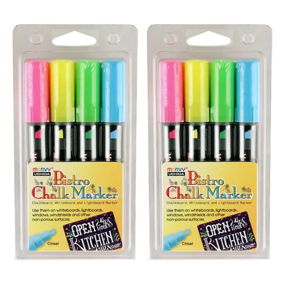 Broad Point Chalk Marker Chisel Tip Set 4H, Fluorescent Colors, 4 Per Pack, 2 Packs {1}