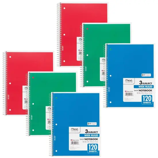 Spiral 3 Subject Notebook, Wide Ruled, 180 Sheets Per Book, Pack of 6 {1}
