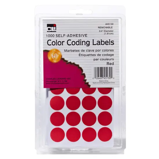 Color Coding Labels, 3/4", Red, 1000 Per Pack, 12 Packs {2}