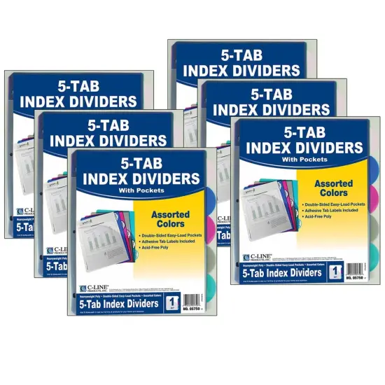 5-Tab Poly Index Dividers w/Slant Pocket, Assorted Colors, 5 Per Pack, 6 Packs {1}