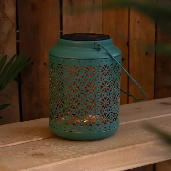 Northlight 7" Green Integrated Floral Pattern Outdoor Solar Lantern with Handle {3}