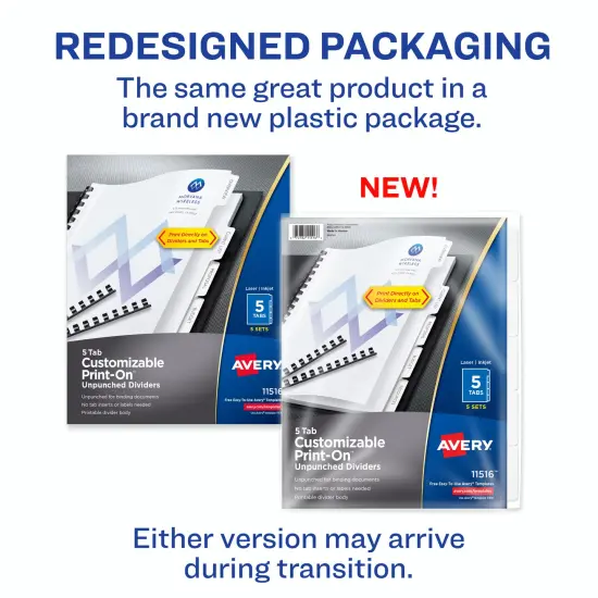Avery Unpunched Customizable Print-On Dividers for Use with Custom Binding Systems or 3 Ring Binders, 5-Tab Set, 5 Sets (11516) {2}