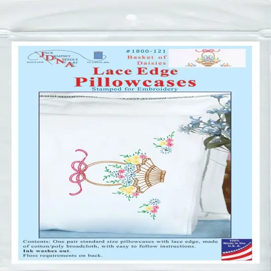 Jack Dempsey Stamped Pillowcases W/White Lace Edge 2/Pkg-Basket Of Daisies {1}