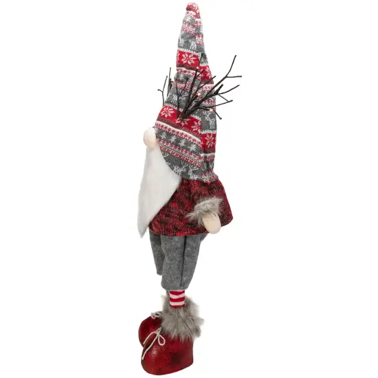 Northlight LED Lighted Nordic Hat Standing Santa Christmas Gnome with Antlers - 30" - Gray Red {5}