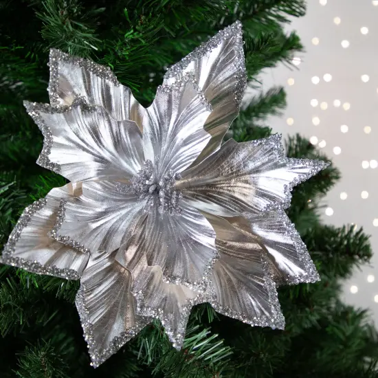 Northlight 24" Metallic Silver Poinsettia Christmas Stem Spray {3}