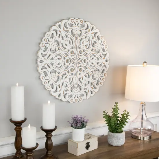 Northlight 24" Brushed Antique White Damask Round Wall Panel {4}