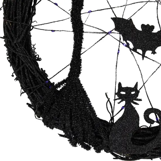 Northlight LED Lighted Black Twig Halloween Wreath with Bats - 13" - Purple Lights {6}
